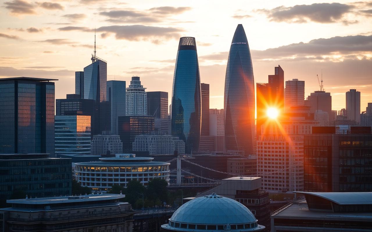 London skyline at sunset, representing our UK base