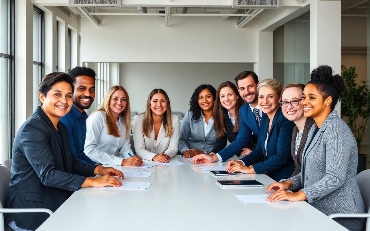 Diverse professional team collaborating in a bright office