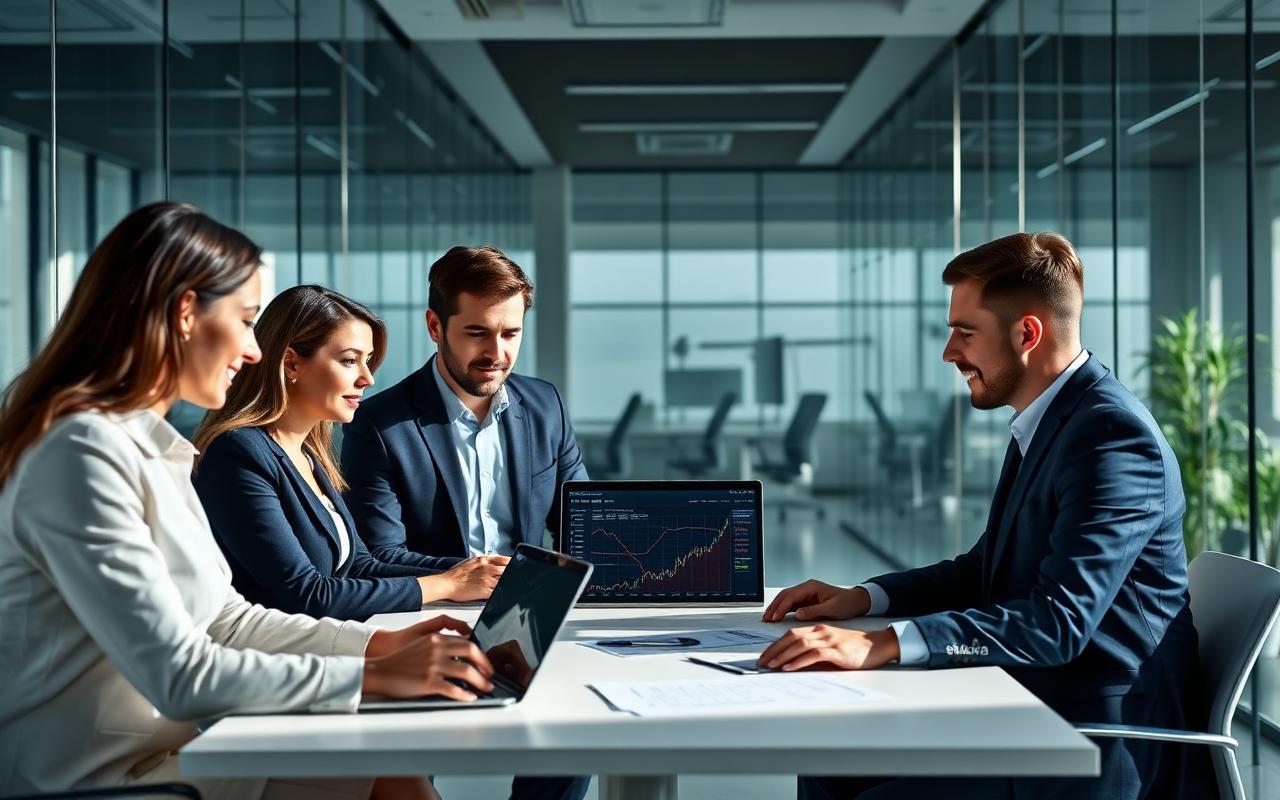 Corporate finance team reviewing FX strategy in a modern office