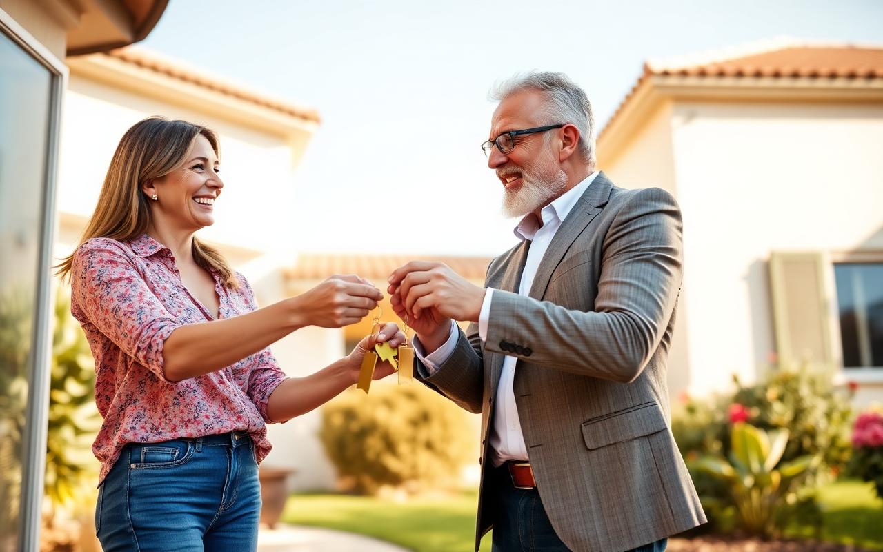 Couple receiving keys to their new home overseas